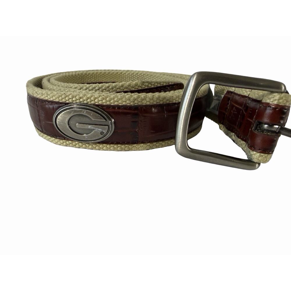 Georgia Bulldogs sz44 G Logo Belt Beige Canvas Webbing w/ Brown Leather